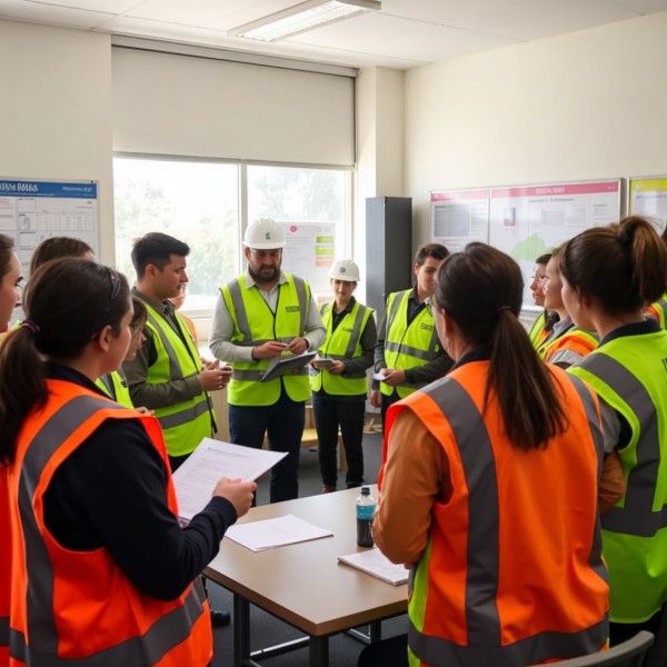 Trainees in hi-vis and hard hats during a Working at Heights course